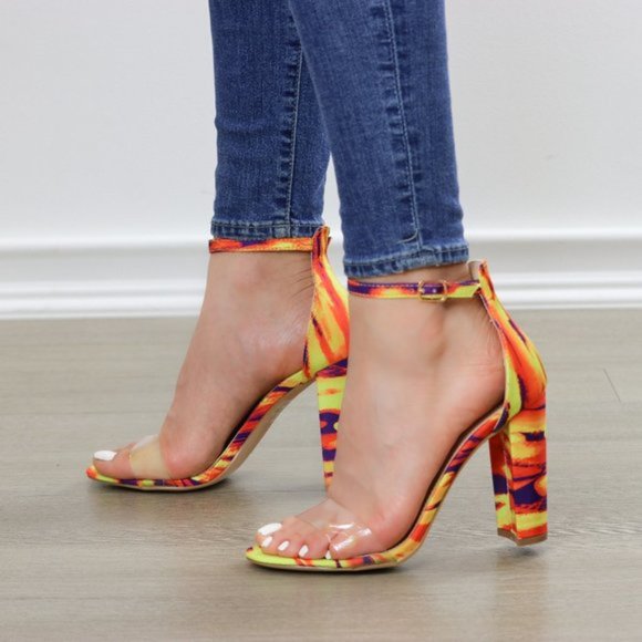 Ankle Strap Chunky Heeled Sandals, Clear Toe Band - Picture 7 of 8